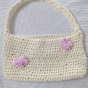 Coquette Crochet Purse - Cream with Pink Hearts